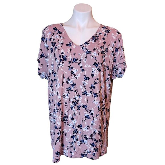J Jill Wearever V-Neck Floral Back Pleat Short Sleeve Tunic Top Size XL - Picture 1 of 9